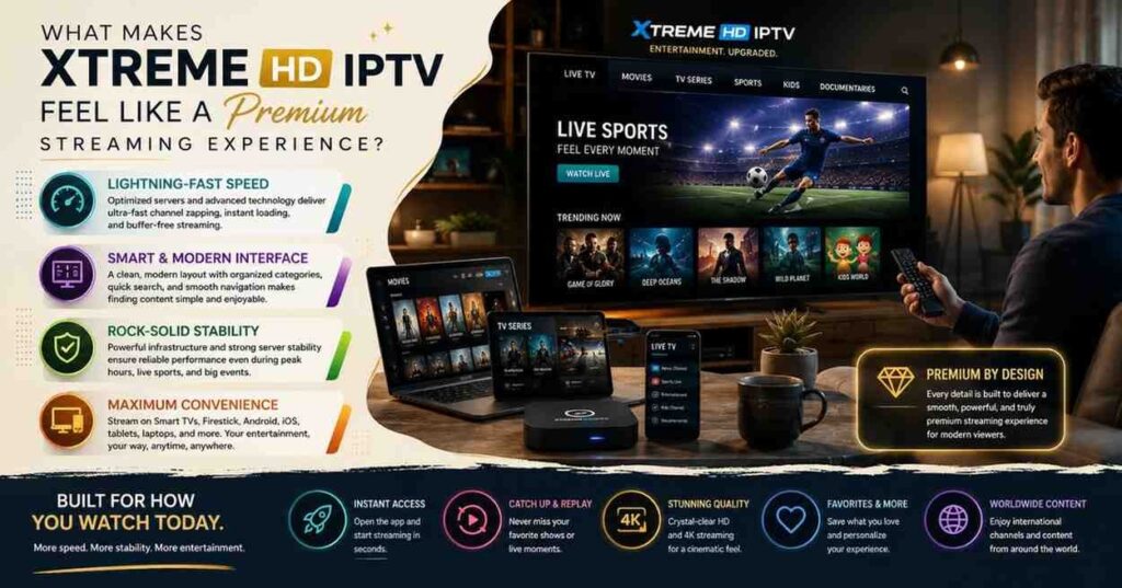 Xtreme HD IPTV combines premium streaming quality, modern device compatibility, and a massive entertainment library to create a flexible viewing experience for today’s digital lifestyle.
