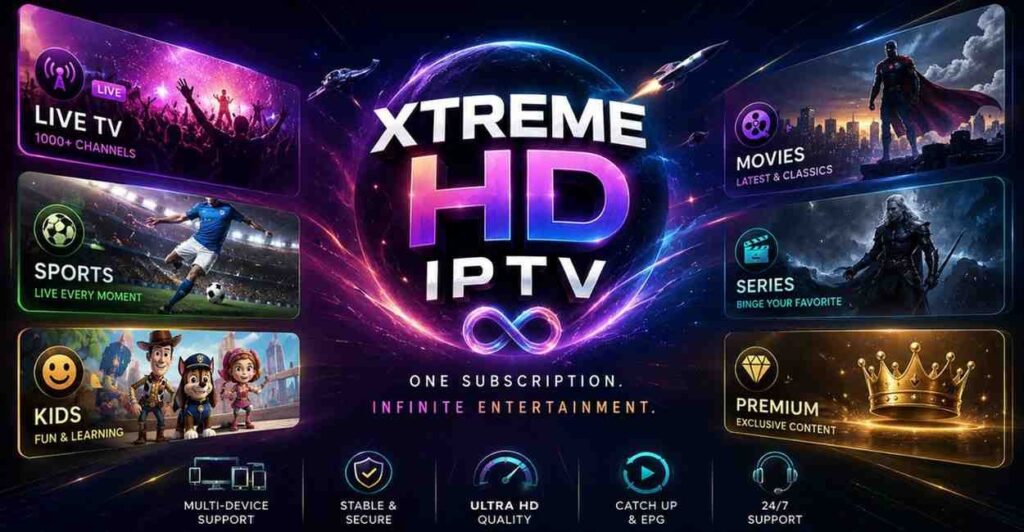 Xtreme HD IPTV delivers live TV, sports, movies, and series with smooth HD & 4K streaming across Smart TVs, Firestick, phones, and multiple devices.