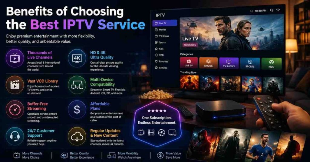The Best IPTV Service delivers smooth and reliable streaming with access to thousands of channels, VOD libraries, live sports, and international entertainment. Compatible with Smart TVs, Firestick, smartphones, tablets, and PCs.