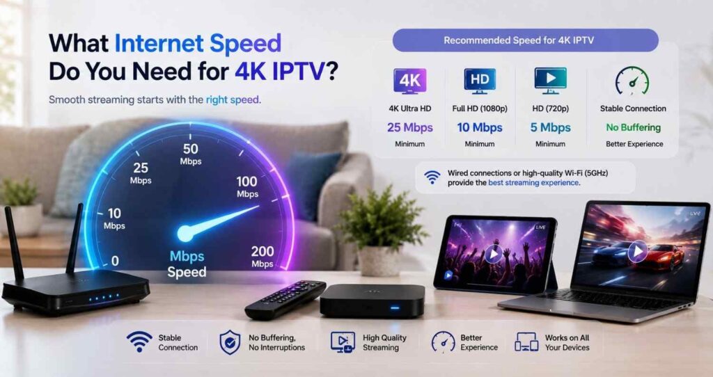 Enjoy uninterrupted entertainment with 4K IPTV featuring stable servers, Ultra HD quality, premium channels, and massive VOD libraries.