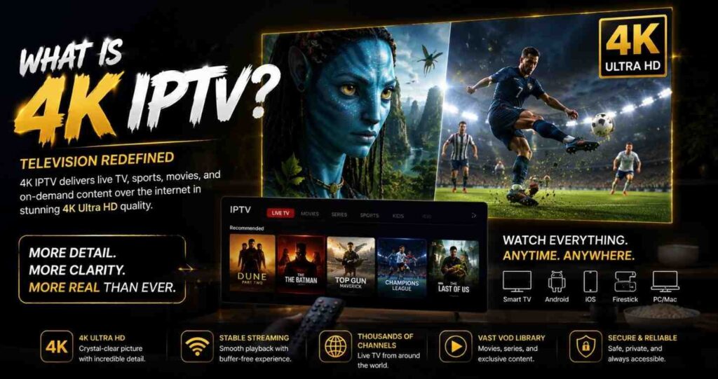 Upgrade your streaming experience with 4K IPTV. Watch live channels, blockbuster movies, and sports in breathtaking Ultra HD resolution.